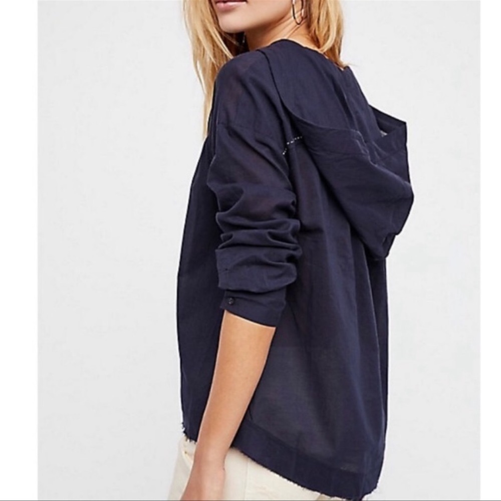 Free People Breezy Navy Cotton Long Sleeve Button Down Hoodie Sz XS